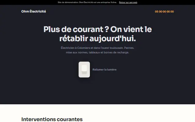 Capture du site de démonstration Ohm Électricité